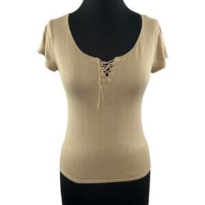 VINTAGE AGNES B. Beige Short Sleeve Lace-Up Neckline Pullover Knit Sweater Top